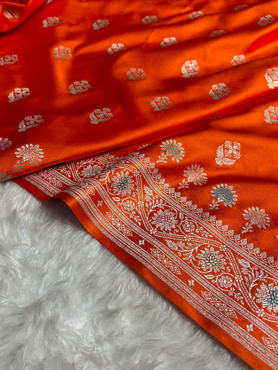 Orange Shades Bananasi Minakari Floral Border Boota Mashru Silk Saree MCS66