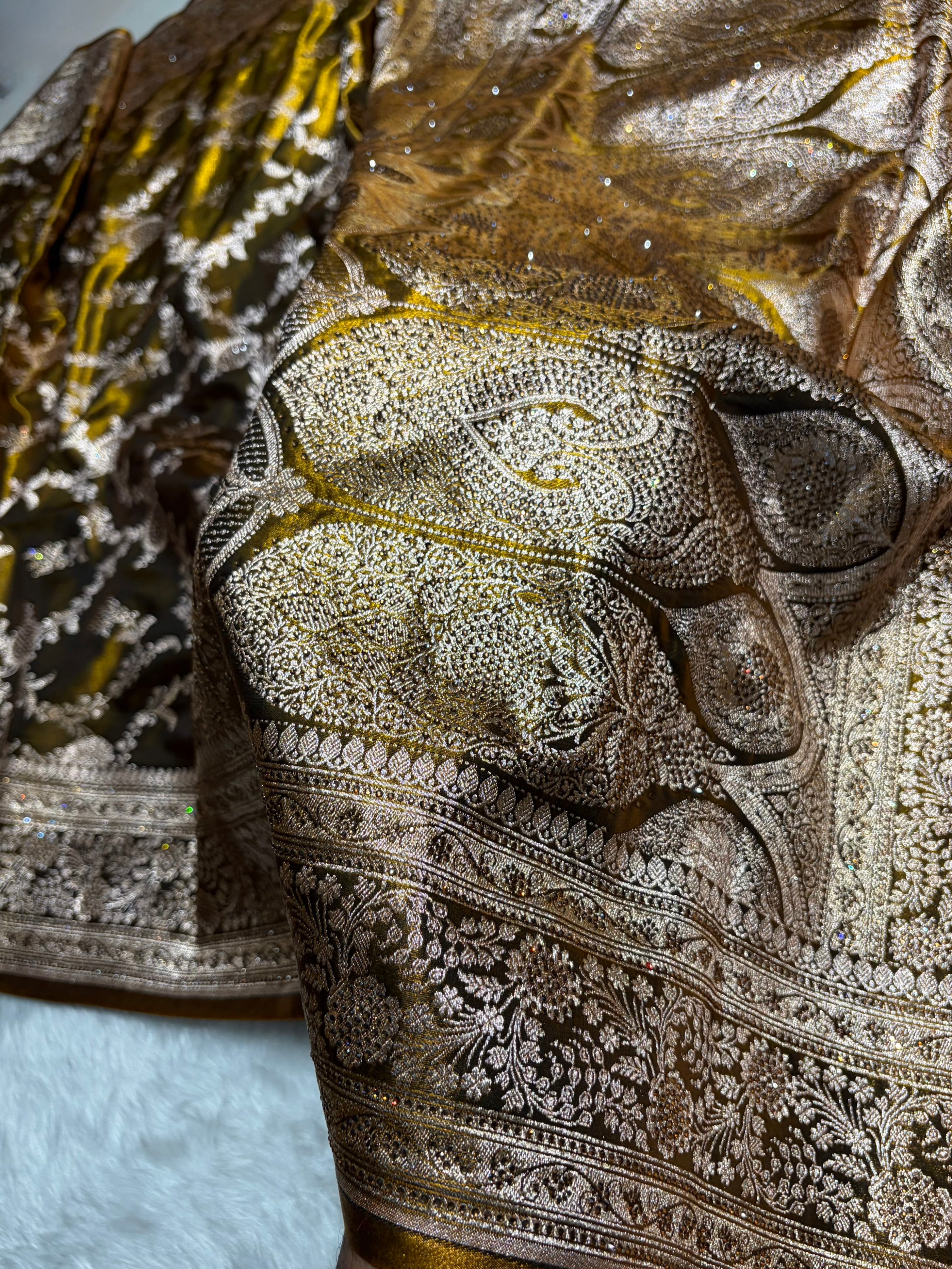 Light Weight Mehendi Satin Silk Saree with Swarovski work BSS14