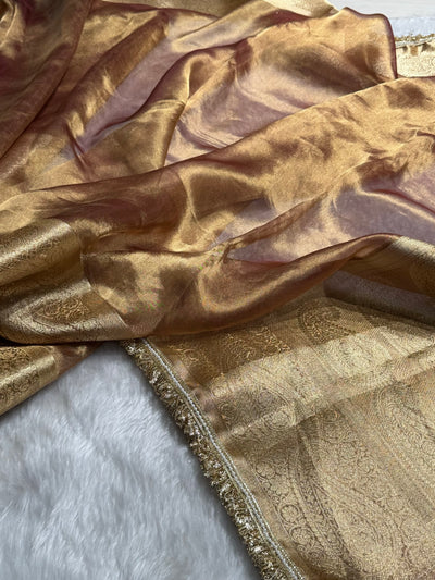 Dark Cheeku Tissue With Bananasi Gotta Patti Work Floral Pure Tissue Silk Saree PTGP-57