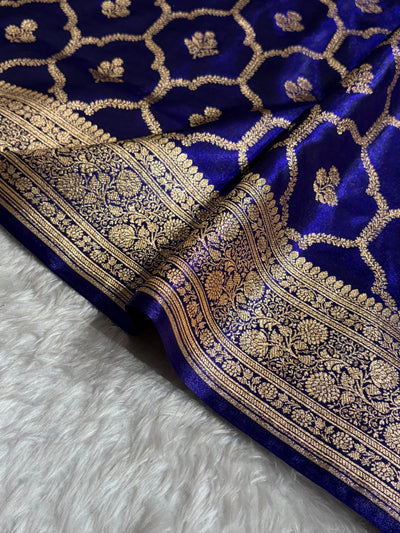 Royal Blue Shades Jaal Pattern Banarasi Satin Silk Saree SS57