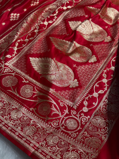 Red Strip Floral Boota Pattern Satin Katan Silk saree SK39