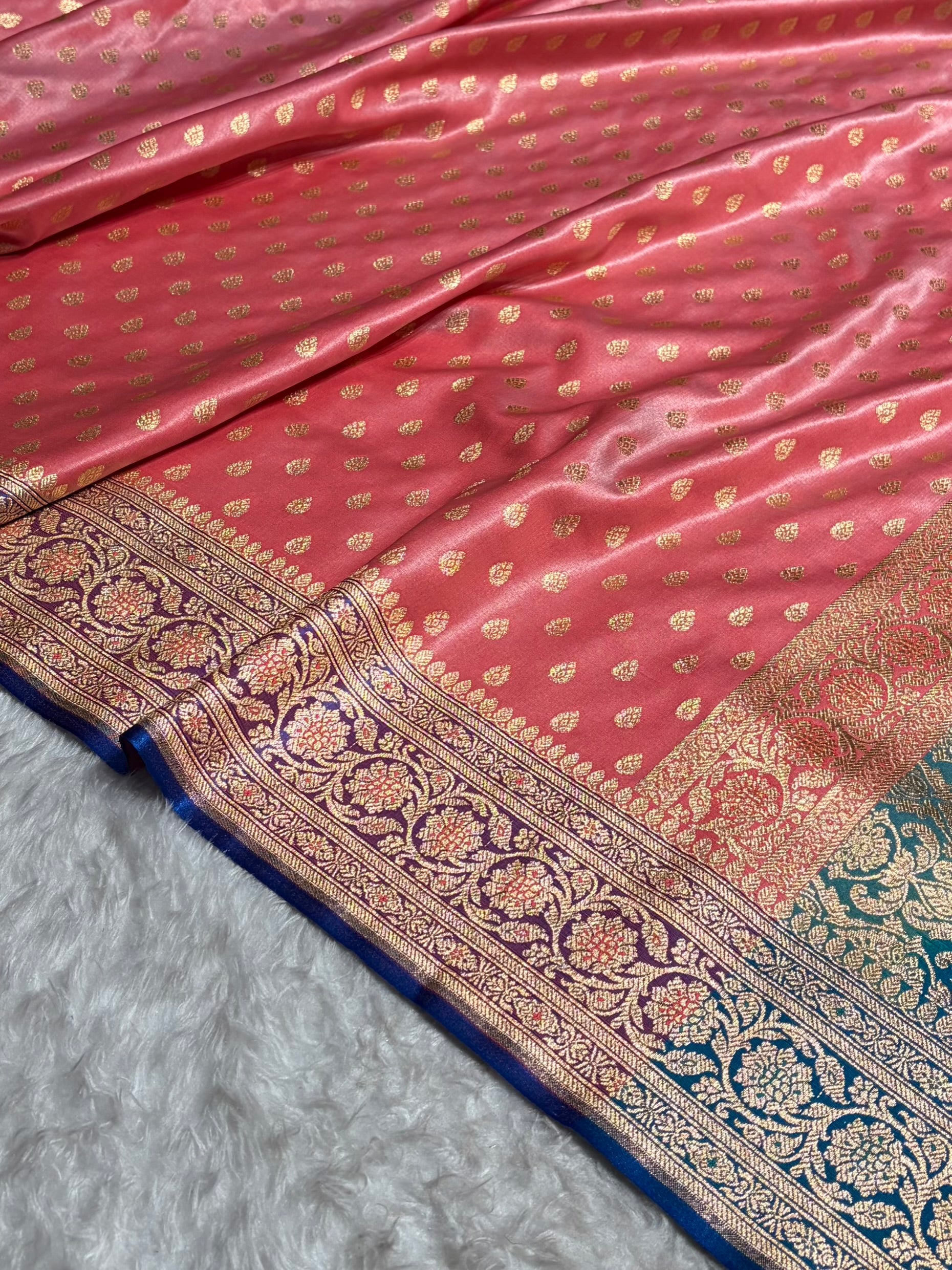 Banarasi Contrast Satin Silk Booti in Baby Pink With Royal Blue Shades SS01