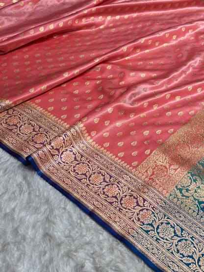 Banarasi Contrast Satin Silk Booti in Baby Pink With Royal Blue Shades SS01