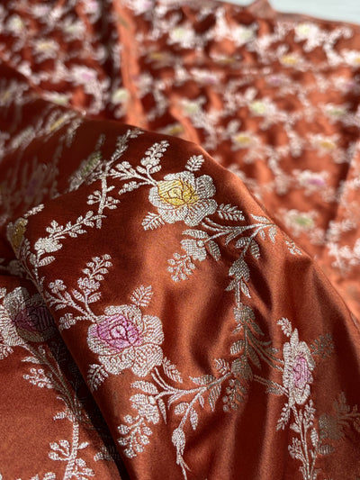 Rust Brown Shades Banarasi Minakari Floral Jaal Mashru Silk Saree MCS28