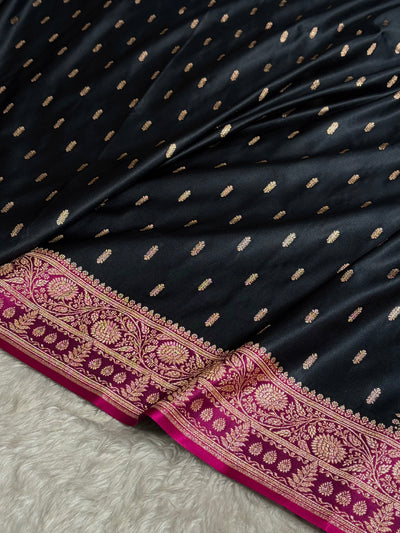 Contrast Black/ Rani Floral Booti Banarasi Satin Katan Silk Saree SK14