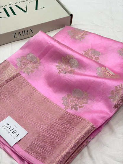 Blush Pink Minakari Flower Booti Pure Caramel Silk Saree
