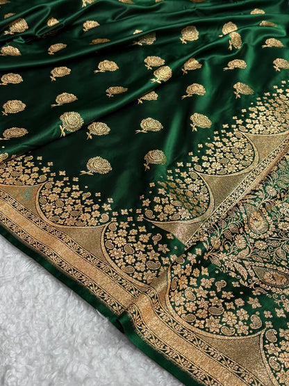 Banarasi Satin Katan Saree With Boota in Bottle Green Shades SK111