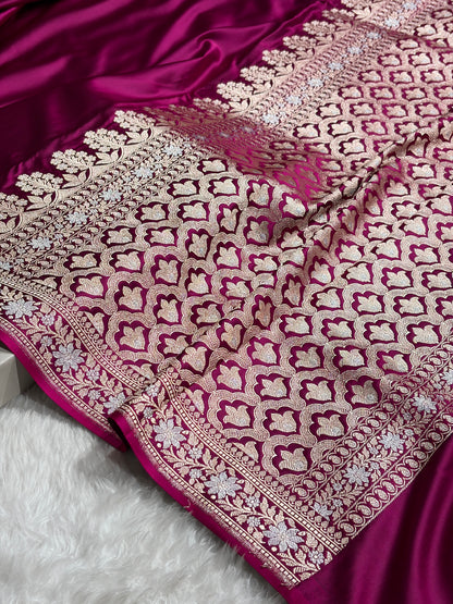 Wine Shades Plain Banarasi With Minakari Floral Border Mashru Silk Saree MSM-123