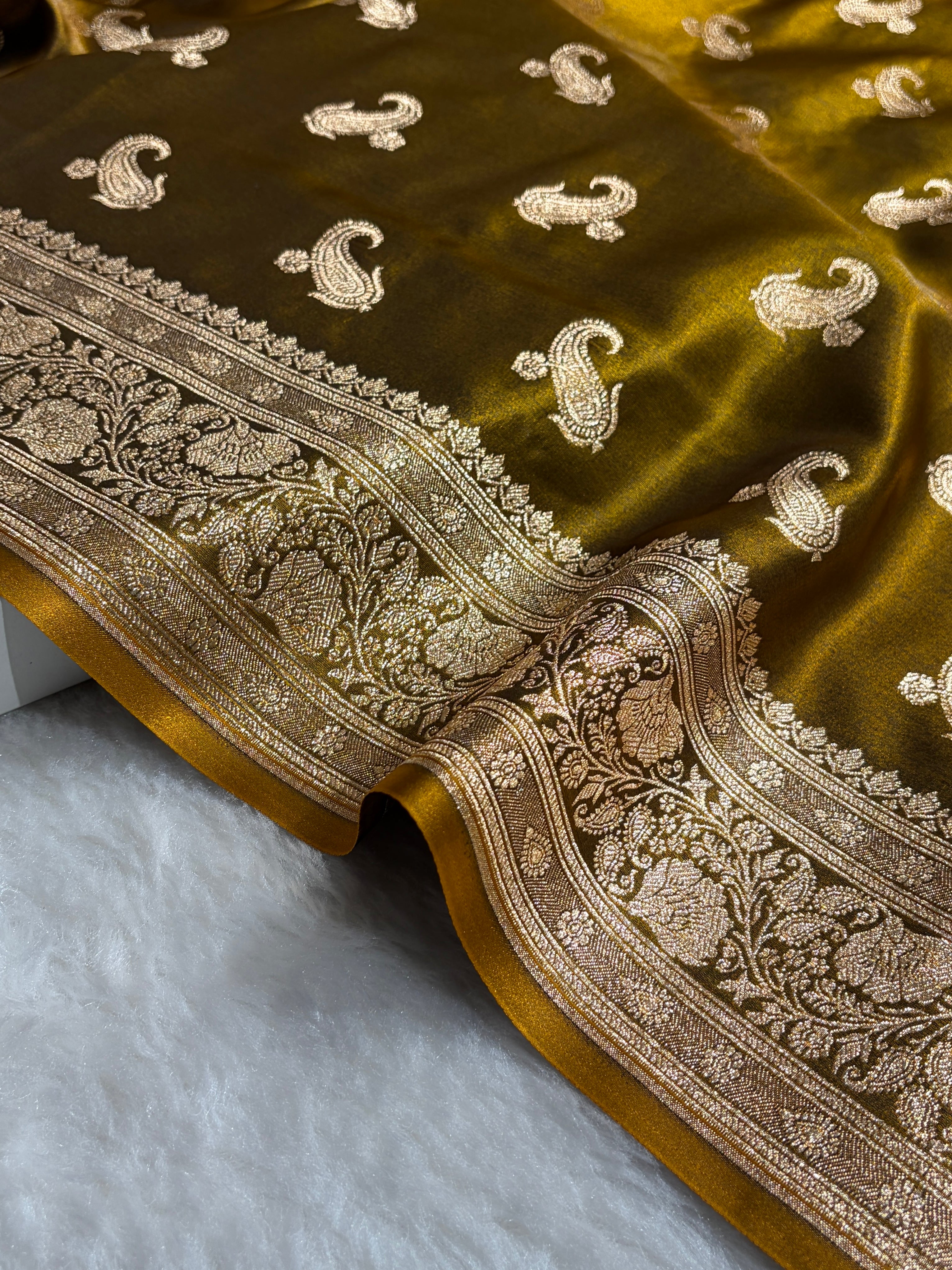 Satin Silk Saree Floral Boota in Mehendi Shades SS27