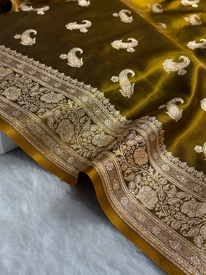 Satin Silk Saree Floral Boota in Mehendi Shades SS27