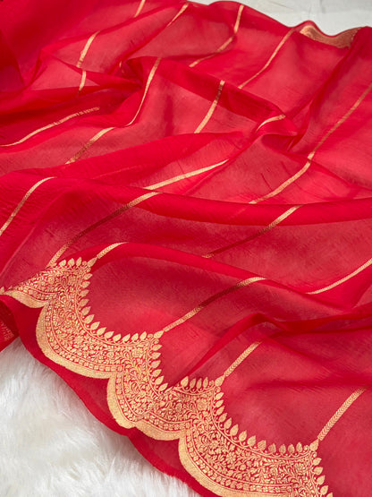 Banarasi Pure Organza Red Shades With Scallop Stripe Banarasi Silk Saree PO-33
