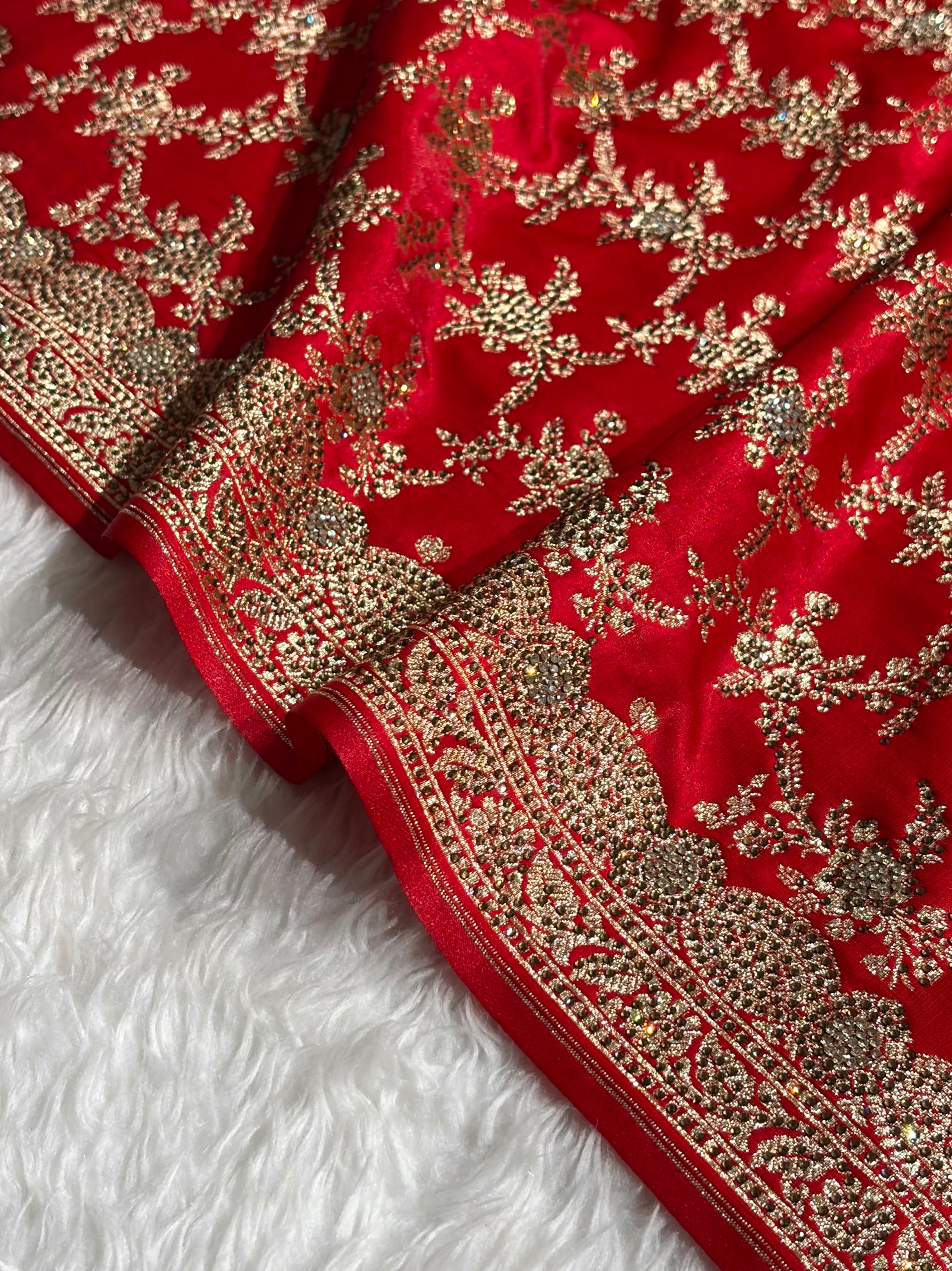 Bridal Red Satin Silk Jaal with Swarovski Stone Work & brocade Blouse BSS16