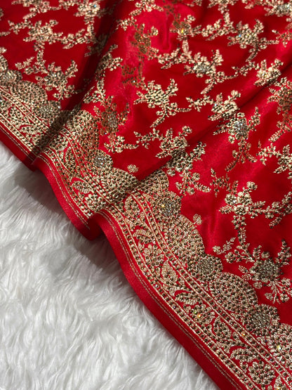 Bridal Red Satin Silk Jaal with Swarovski Stone Work & brocade Blouse BSS16