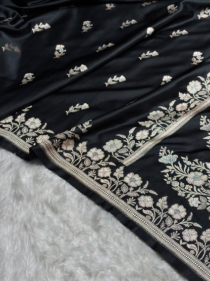 Banarasi Black Boota With Floral Border Mashru Silk Saree MSM-88
