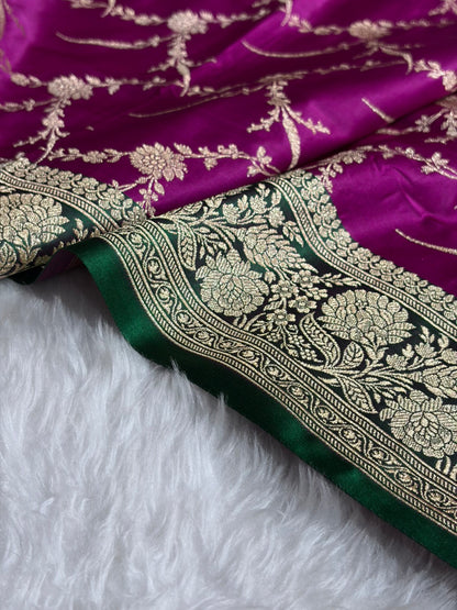 Banarasi Satin Katan Saree With Boota in Contrast Wine With Green Shades SK115