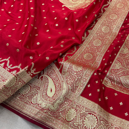 Bridal Red Mashru Silk Banarasi Saree With Booti Pattern