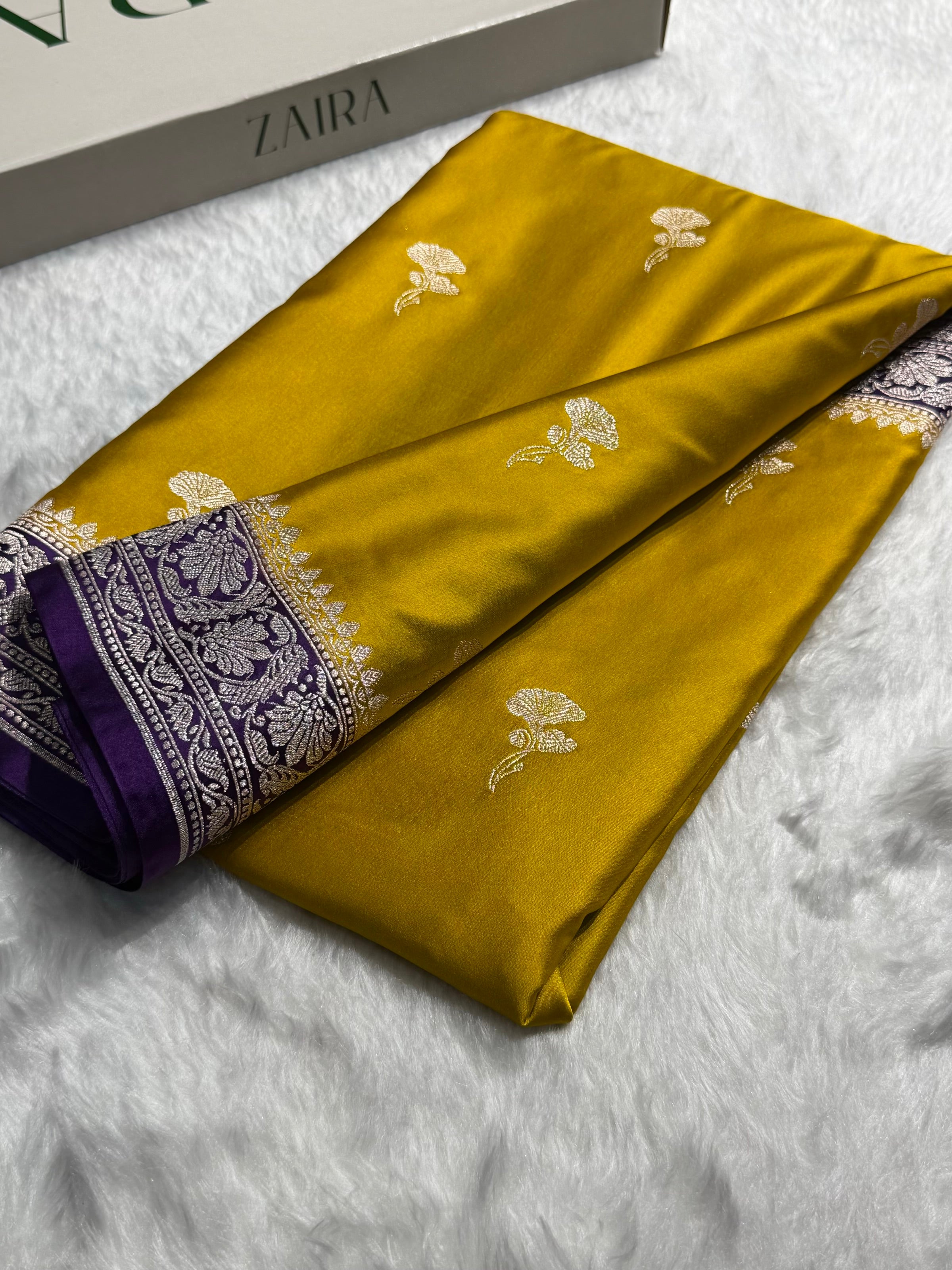 Contrast Mustard With Dark Purple Shades Minakari Boota Mashru Silk Saree