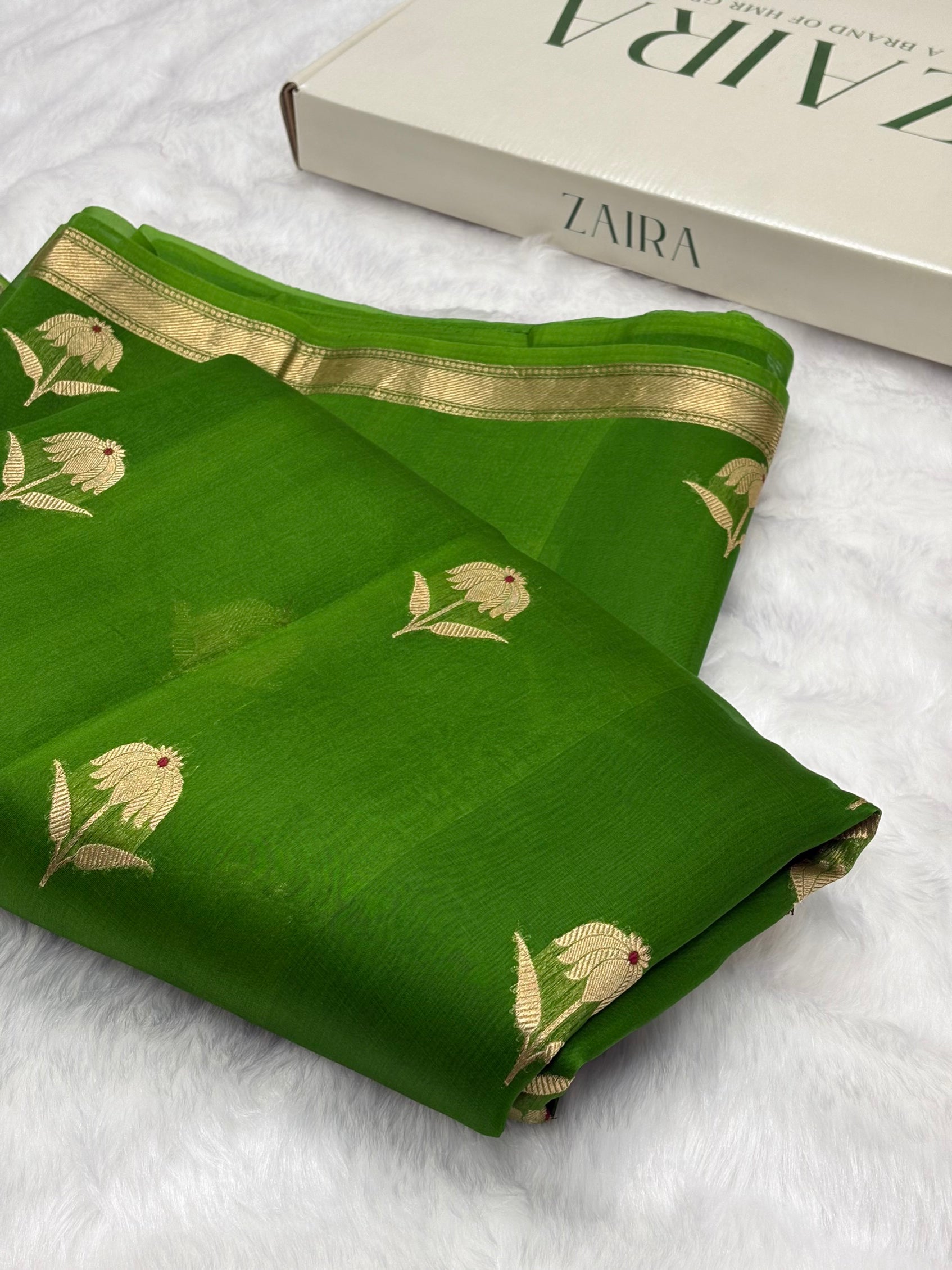 Pure Organza Light Mehendi Floral Meena Banarasi Silk Saree PO-02