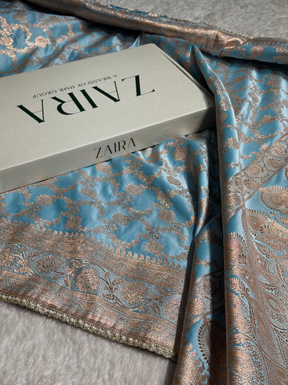 Banarasi Satin Katan Silk Saree In Sky Blue Shades with gotta Patti