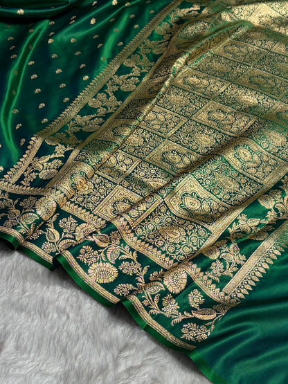 Cross Green Floral Pattern Satin Katan Silk Saree SK77