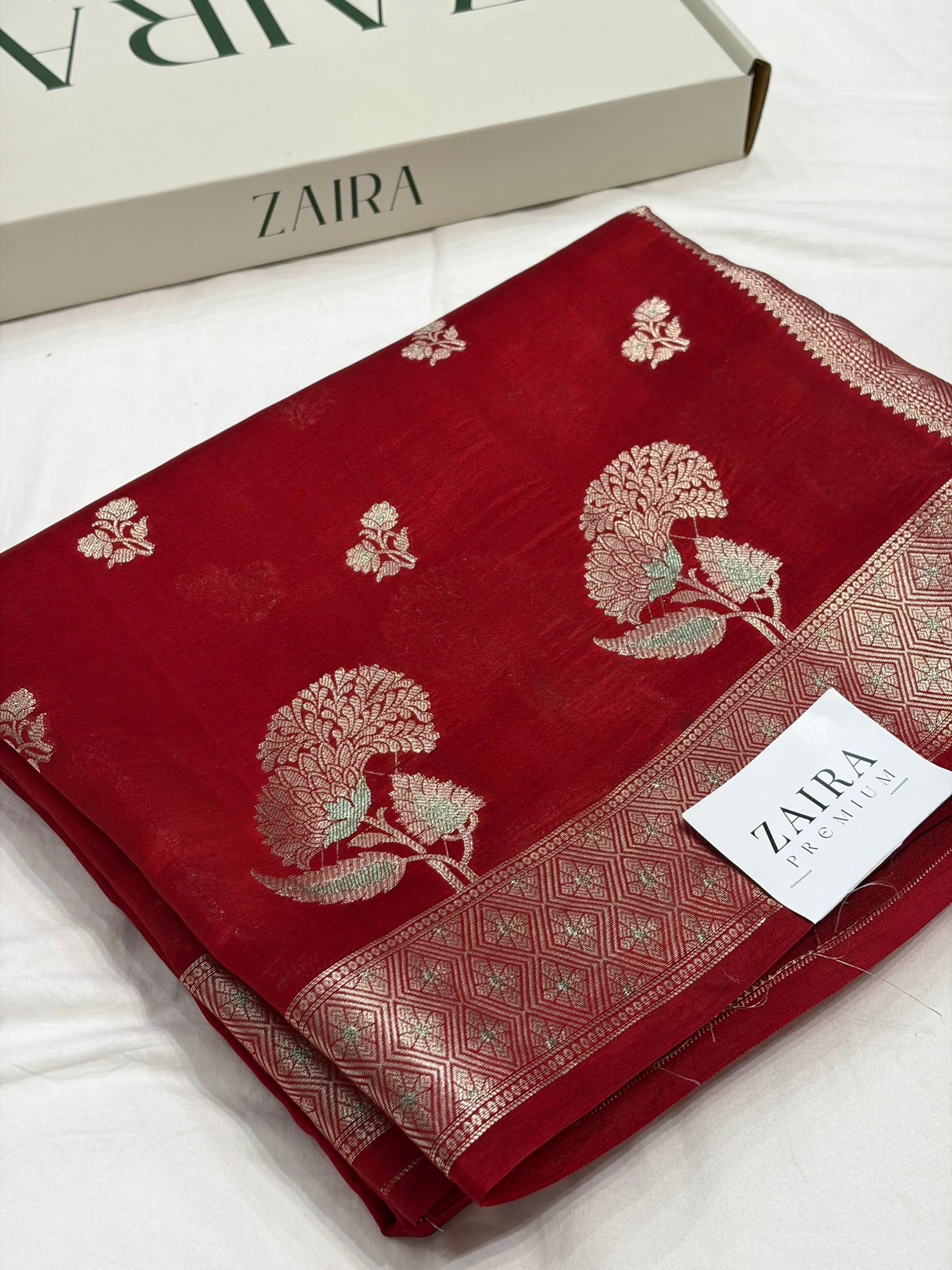 Red Flower Booti Pure Caramel Silk Saree