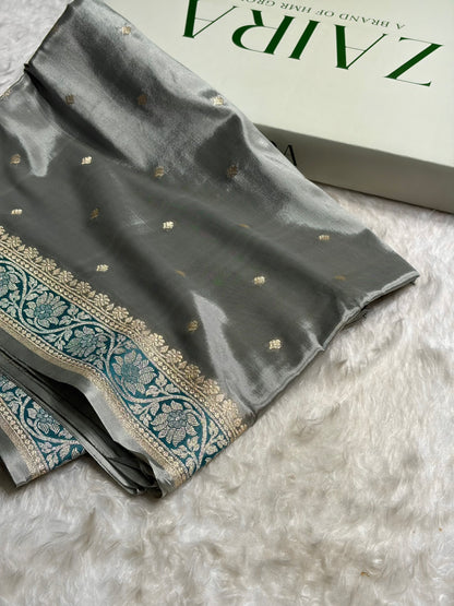 Mouse Gray With Minakari Shades Crepe Silky Katan Banarasi Saree CSK-03