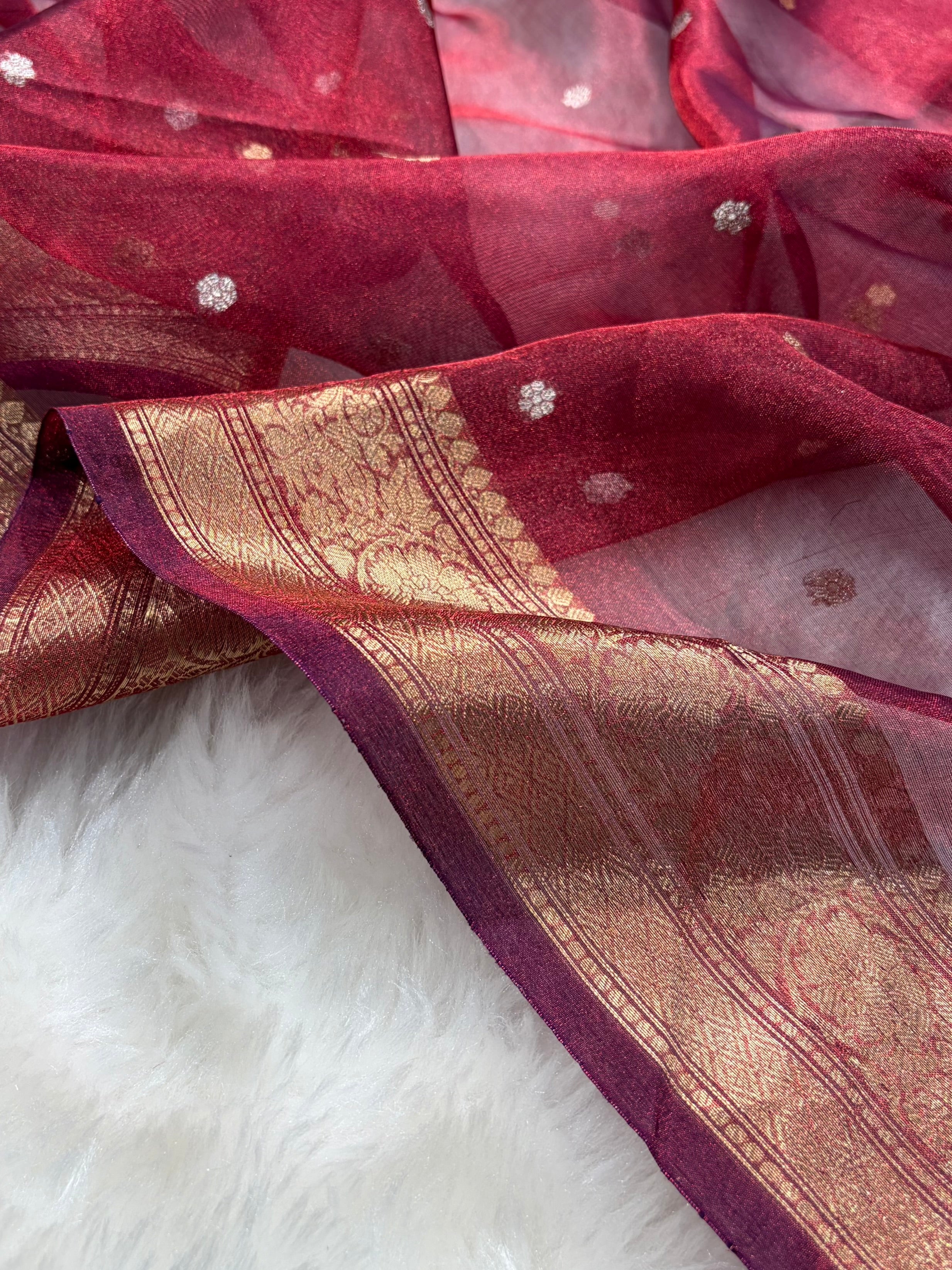 Maroon Shades Boota Pure Tissue Silk Saree PT-21