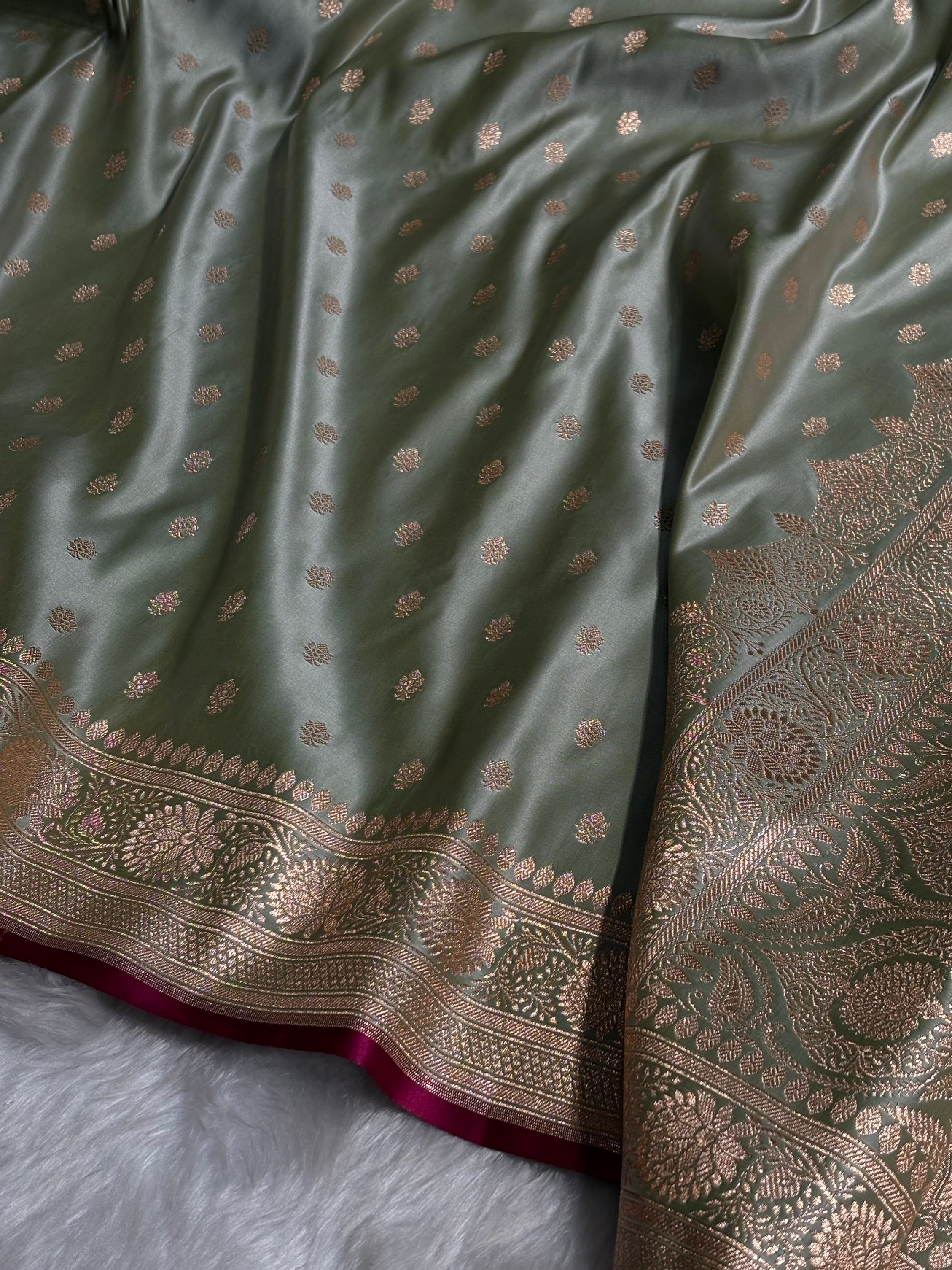 Pista Booti Satin Katan Silk saree SK28
