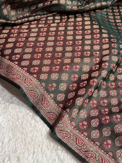 Dark Bottle Green Jamawar Tanchoi Jaal Katan Silk Saree SKTM-21