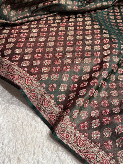 Dark Bottle Green Jamawar Tanchoi Jaal Katan Silk Saree SKTM-21