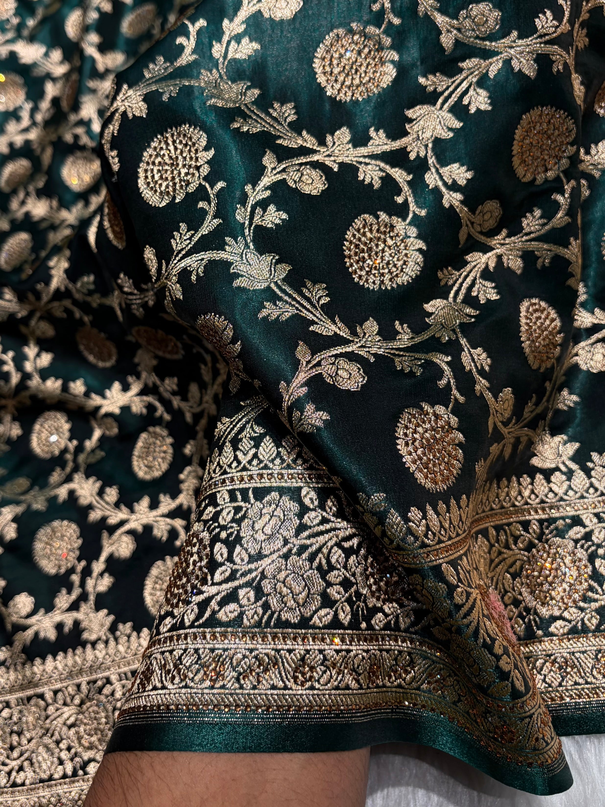 Dark Bottle Green Swarovski Work Jaal Pattern Satin Silk Saree BSS15