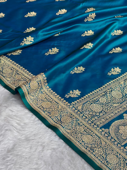 Peacock Shades Banarasi Boota Pattern Floral Mashru Silk Saree MSM-108