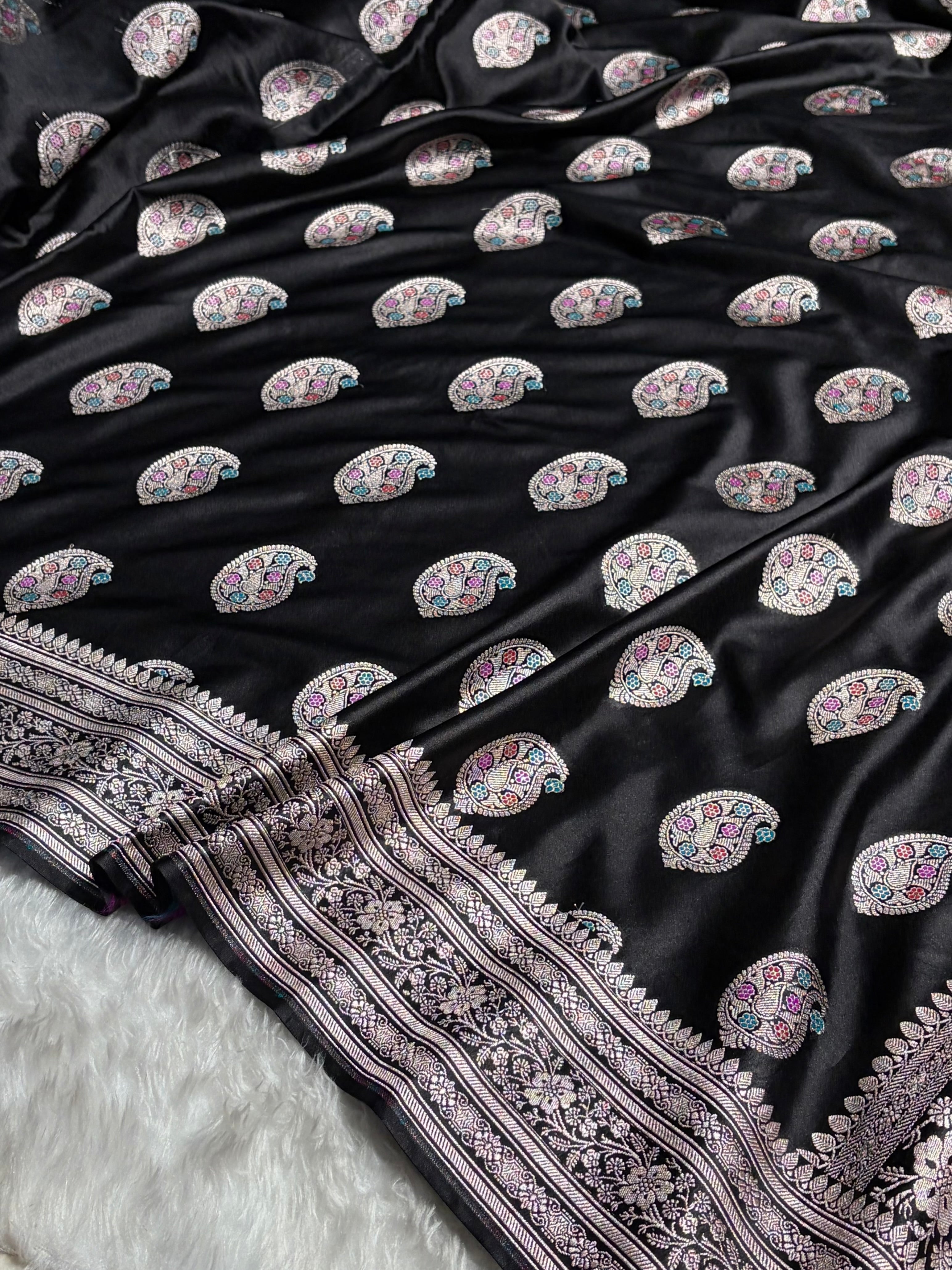 Black With Bananasi Minakari Boota Mashru Silk Saree MS81