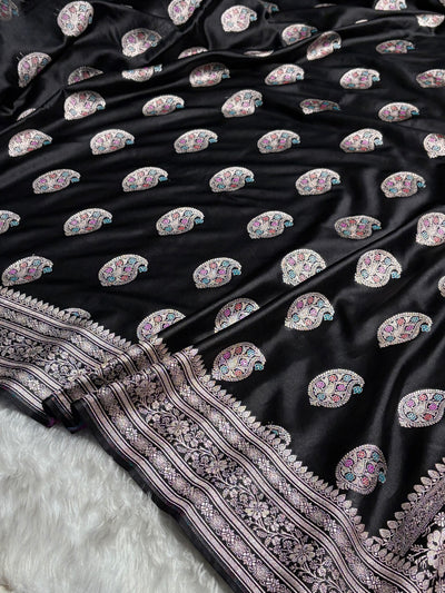 Black With Bananasi Minakari Boota Mashru Silk Saree MCS81