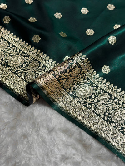 Banarasi Dark Bottle Green Shades Booti Pattern Banarasi Satin Silk Saree SS63
