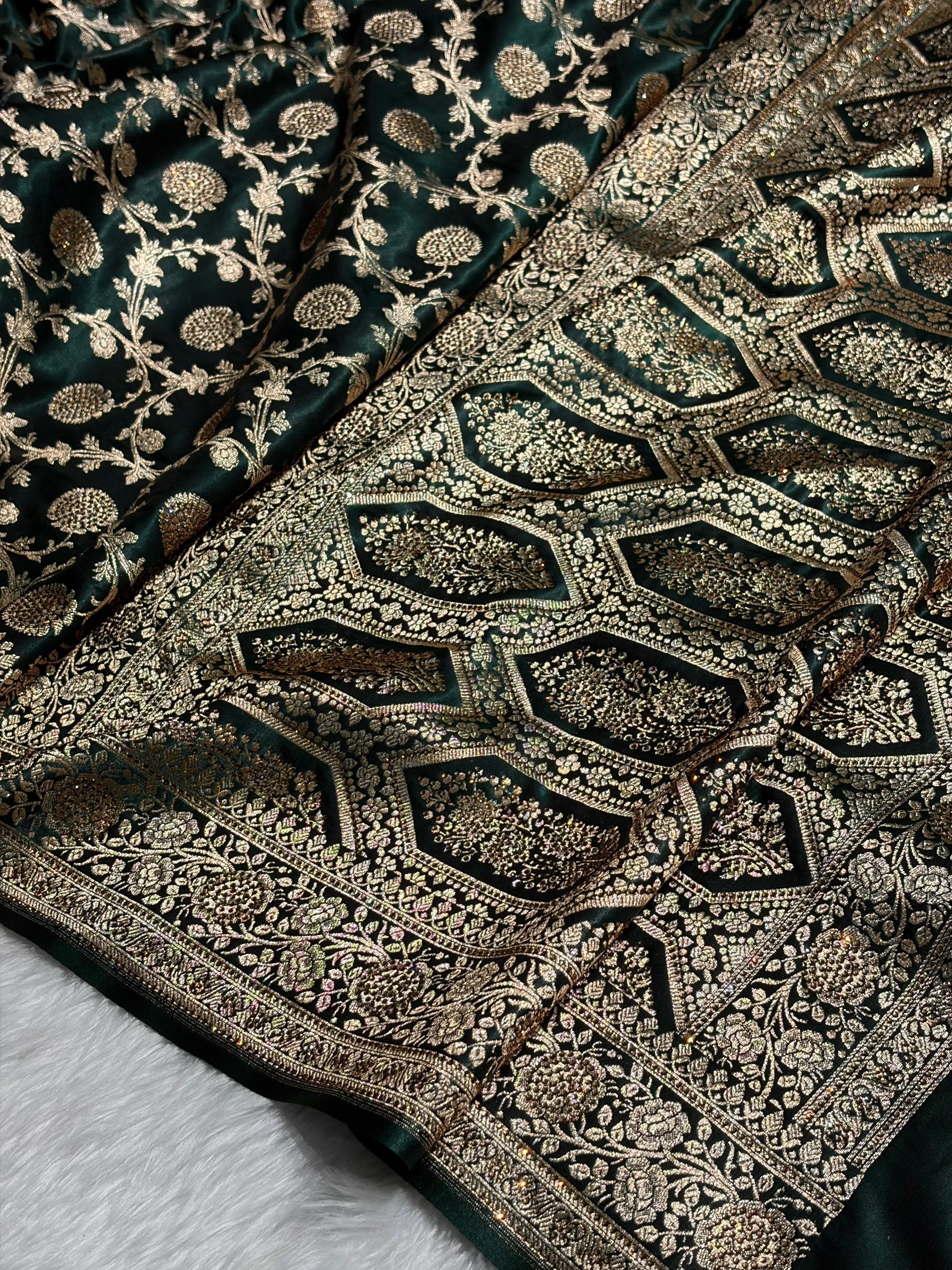 Dark Bottle Green Swarovski Work Jaal Pattern Satin Silk Saree BSS15