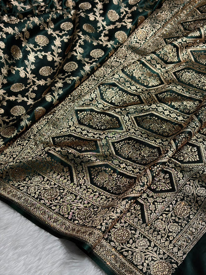 Dark Bottle Green Swarovski Work Jaal Pattern Satin Silk Saree BSS15