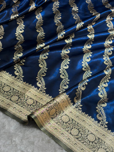 Royal Blue Contrast Shades Cross Pattern Banarasi Satin Silk Saree SS39