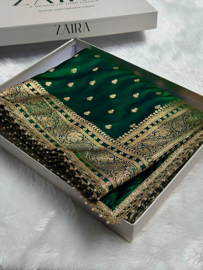 Cross Green Floral Pattern With Gotta Patti Satin Katan Silk Saree SKGP78