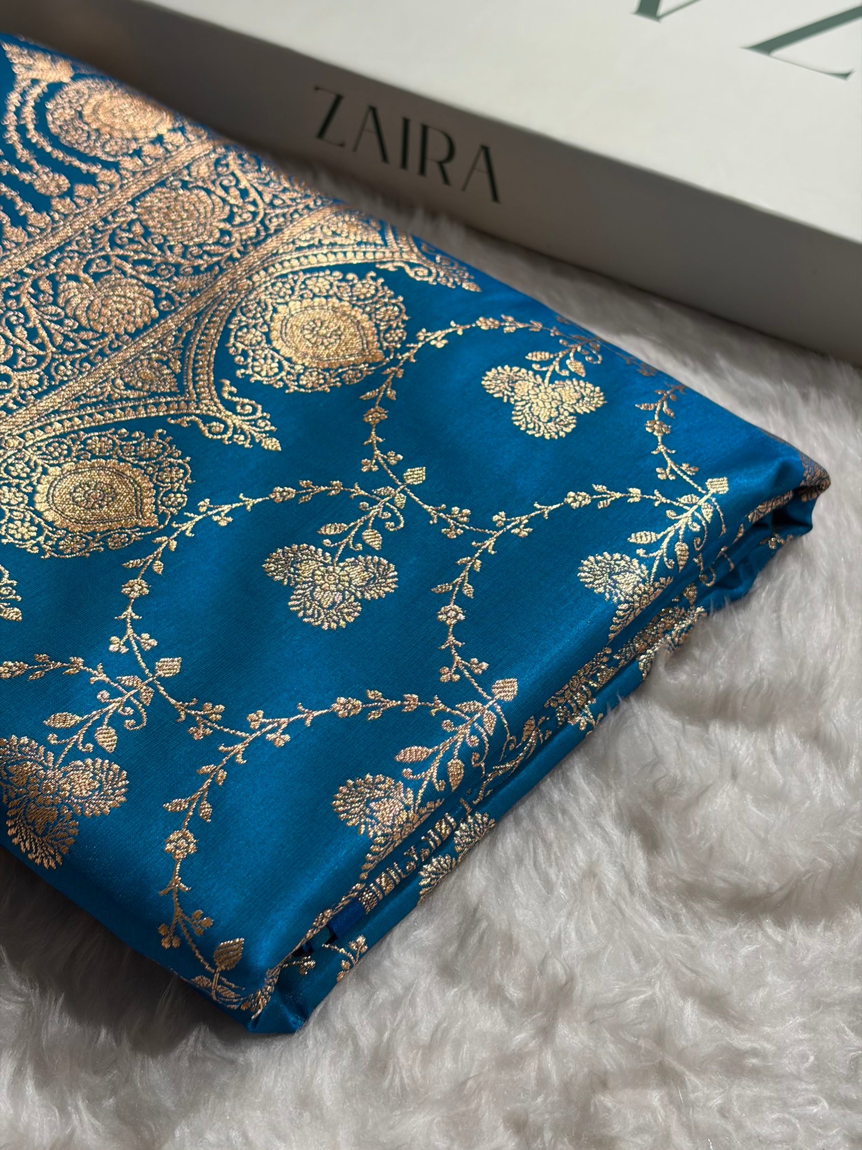 Satin Silk Saree Jaal in Firozi Shades SS23