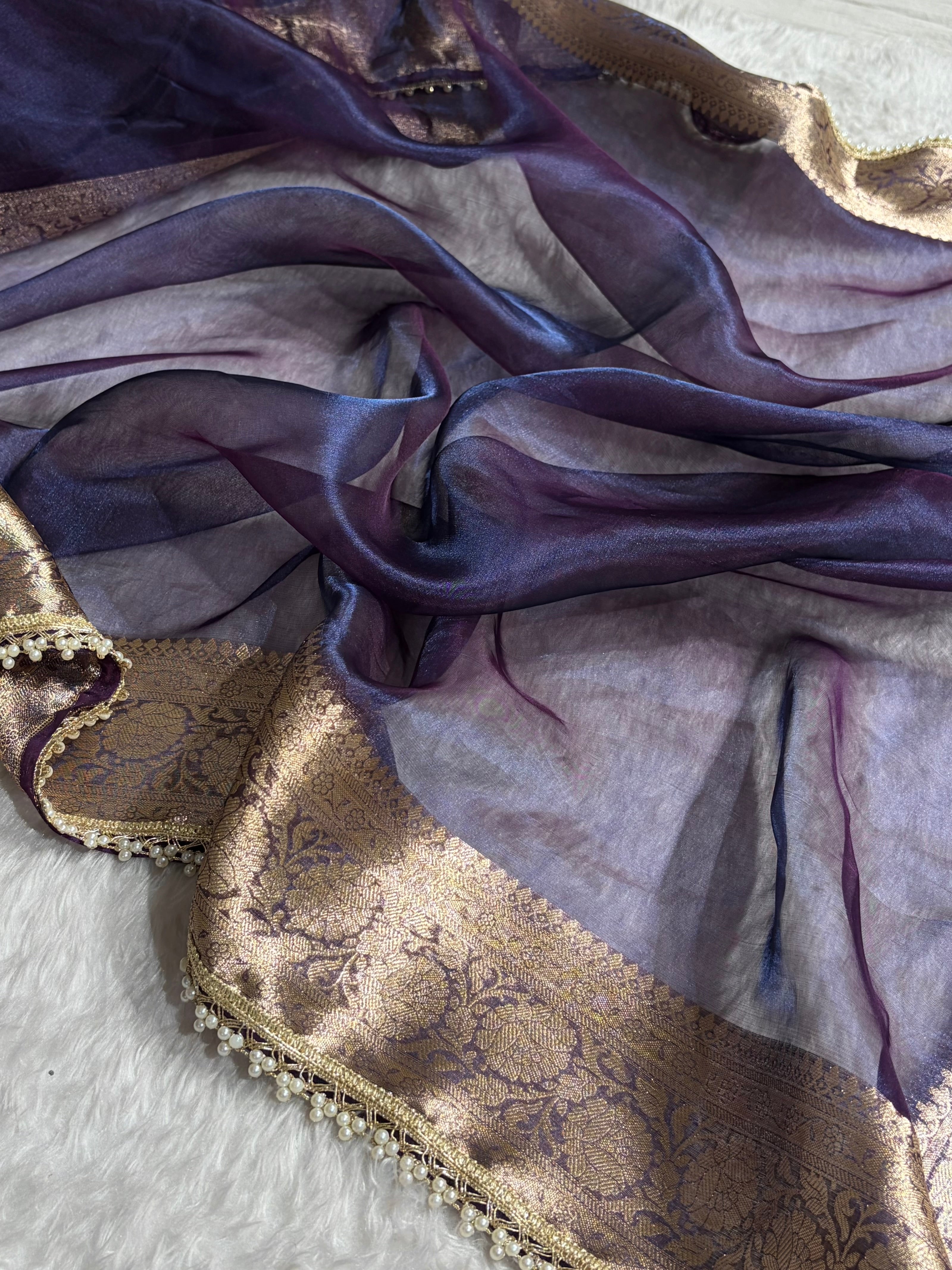 Purplish Navy Shade Pure Tissue Silk Saree with Brocade Blouse And Gotta Patti PTGP-18