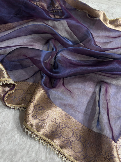 Purplish Navy Shade Pure Tissue Silk Saree with Brocade Blouse And Gotta Patti PTGP-18