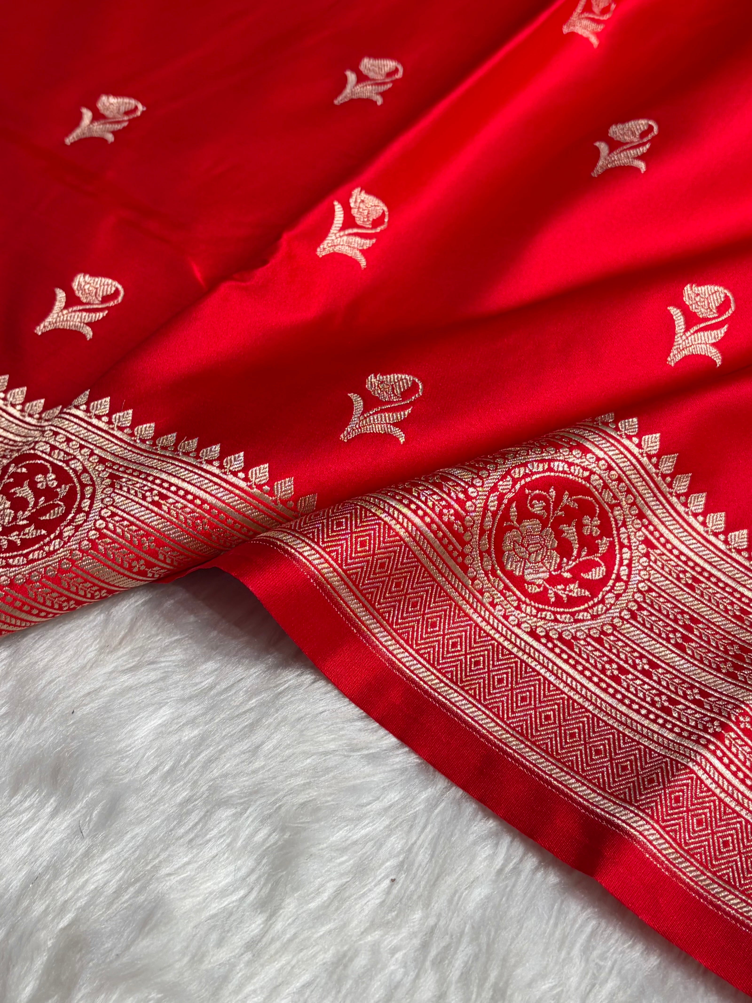 Red Boota With Floral Border Mashru Silk Saree MSM-96