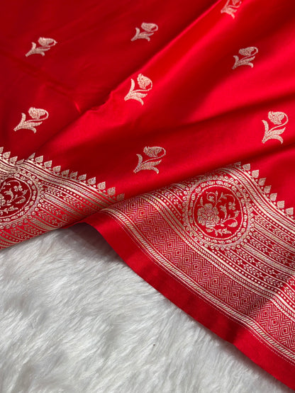 Red Boota With Floral Border Mashru Silk Saree MSM-96