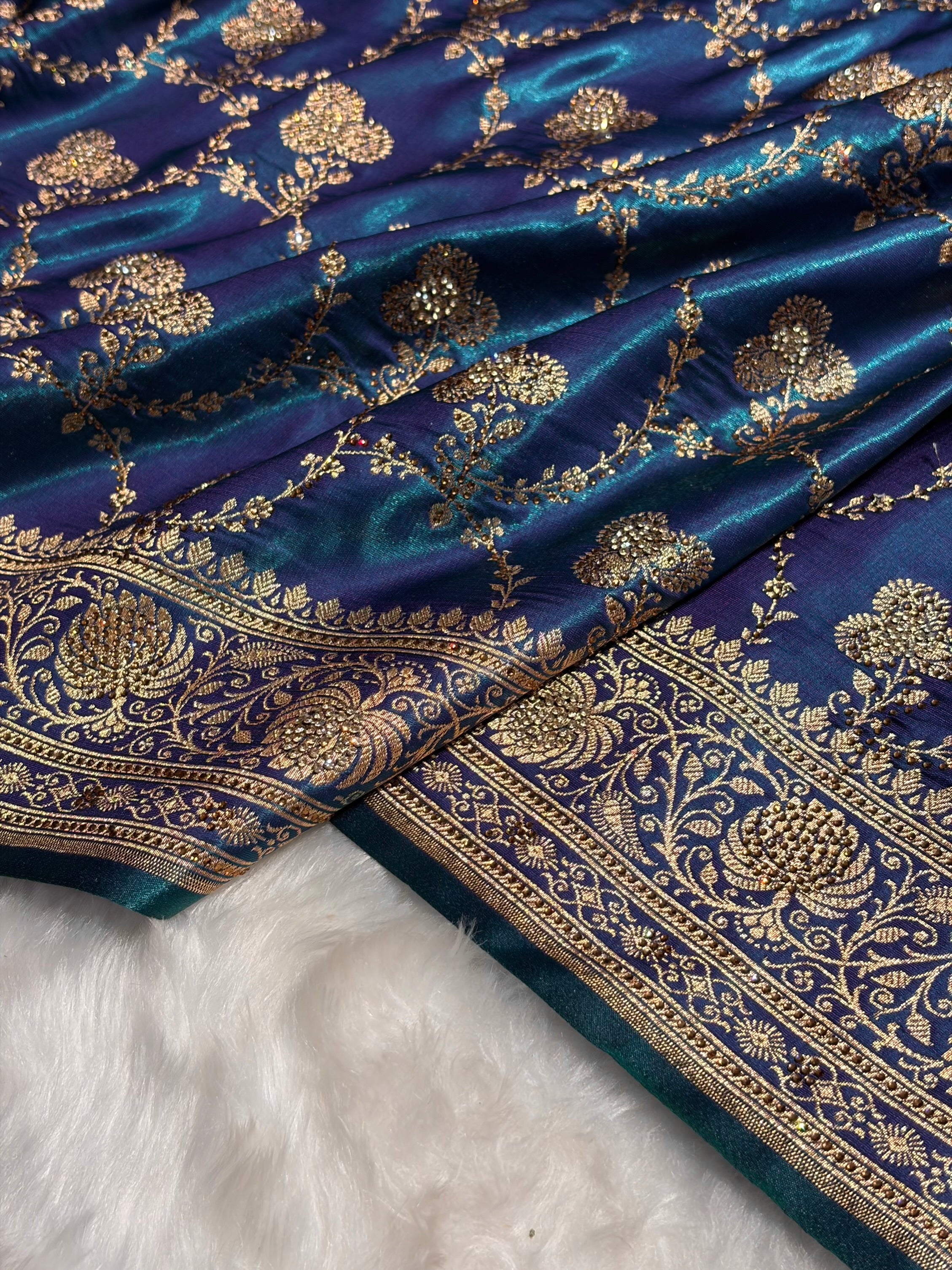 Satin Silk Saree Swarovski Work Jaal in Peacock Blue Shades BSS23