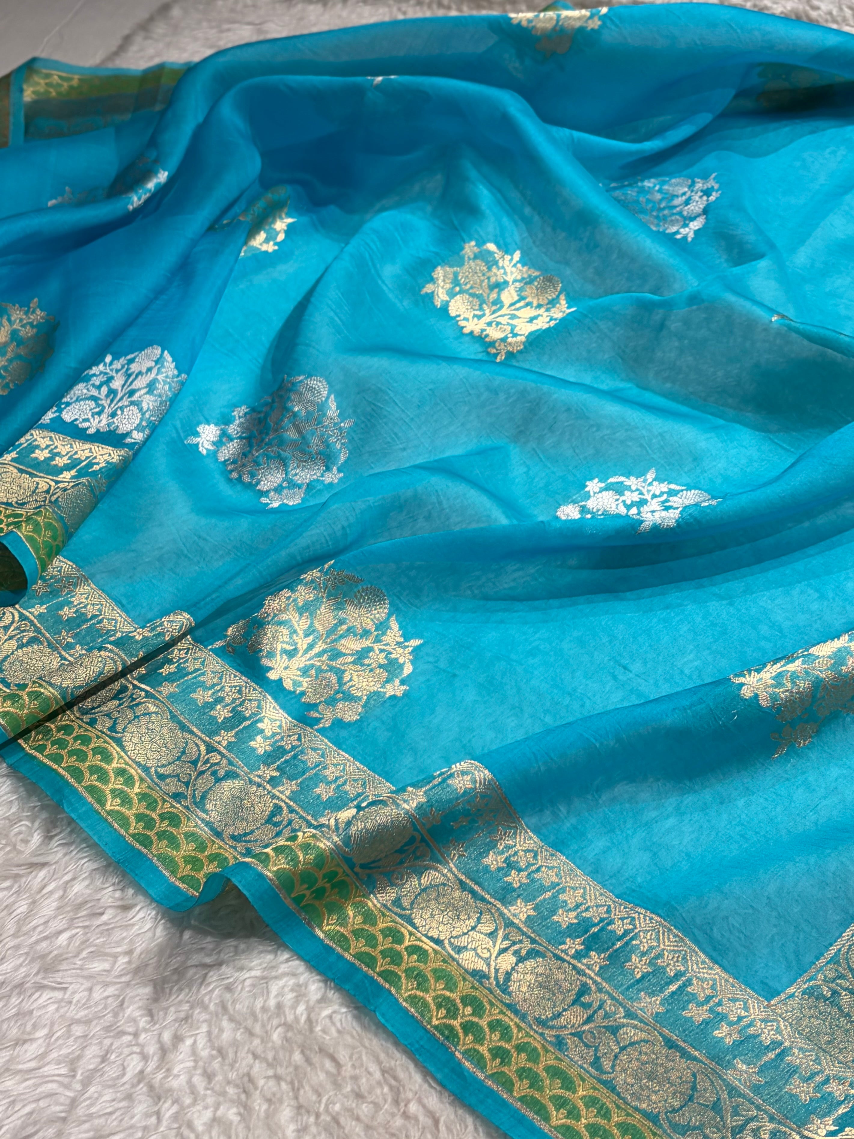 Banarasi Pure Organza Firozi Shades With Minakari Boota Banarasi Silk Saree PO-37