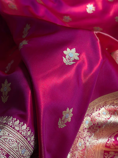 Reddish Magenta Shades Minakari Boota Pattern Banarasi Satin Silk Saree SS44
