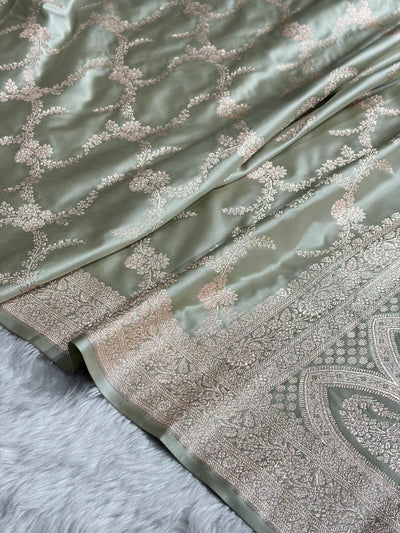 Light Pista Shades Banarasi With Floral Border Mashru Silk Saree MSM-127