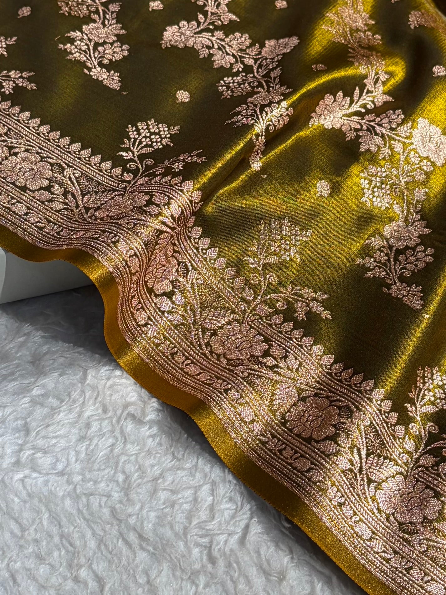 Satin Silk Saree Banarasi Cross with booti In Mehendi Shades SS22