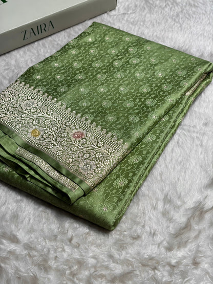Light Green Shades Booti Minakari Tanchoi Mashru Silk Saree MS49